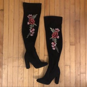 Steve Madden Thigh High Black Boots with Rose